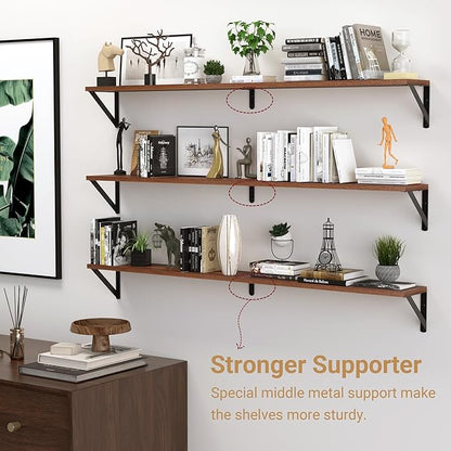 Heimlove 48 Inch Large Wall Bookshelves Set of 3, Wall Mounted Bookshelves,Heavy Duty Wooden Shelves for Living Room,Bedroom,Kitchen,Laundry Room Storage & Decor