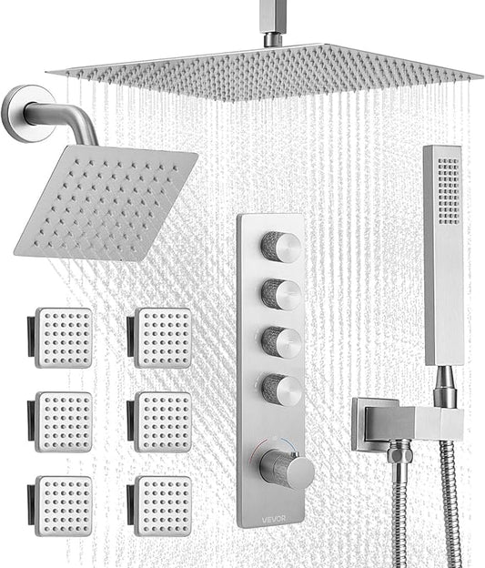 VEVOR Shower Faucet Set, 16 Inch Thermostatic Ceiling Mount Rainfall Shower System with 6 Inch Wall Mount Head, 6 Body Jets and Handheld Spray, Dual Rain Head Brass Valve and Trim Kit, Brushed Nickel