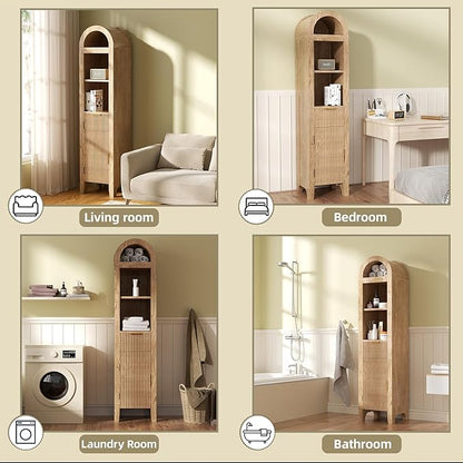 64.2" Arched Bathroom Storage Cabinet with 3 Shelves, Drawer, and Hidden Compartment – Modern Oak Storage Unit for Bathroom, Entryway, Living Room