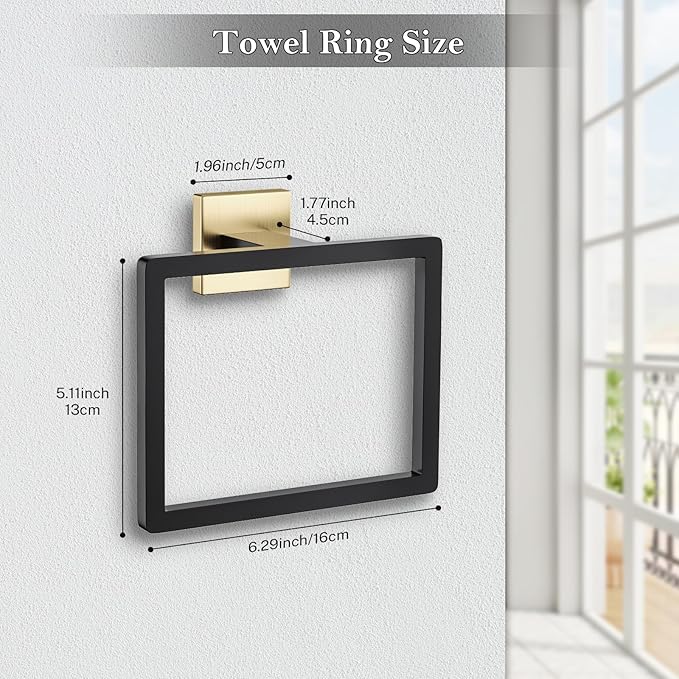 Black and Gold Towel Ring Square Hand Towel Holder Towel Hanger Bathroom Hardware Accessories Stainless Steel Wall-Mounted Towel Rack