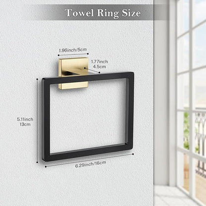 Black and Gold Towel Ring Square Hand Towel Holder Towel Hanger Bathroom Hardware Accessories Stainless Steel Wall-Mounted Towel Rack