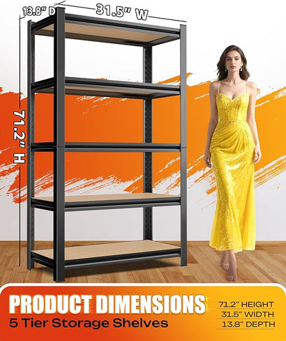 Set of 2 Garage Shelving, 2000LBS Heavy Duty Storage Shelves, 5-Tier Metal Shelf, Adjustable Shelving Unit, for Basement, Pantry, Kitchen, Warehouse, 13.8''Dx31.5''Wx71.2''H, Black