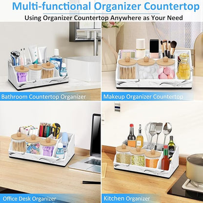 Marble Toothbrush Holder for Bathroom Organizer Countertop, Toothbrush Organizer with 3PCS Qtip Holder Dispenser, Toothbrush and Toothpaste Holder for Bathroom Counter Organization Storage Vanity