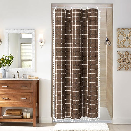 MitoVilla Brown 36 x 72 Boho Small Stall Shower Curtain, Narrow Polyester Linen Fabric Shower Curtains for Farmhouse Bathroom Decor, Half Size Cloth Shower Curtain Set with Hooks