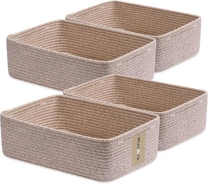 Large Shallow Organizing Baskets 15x11x5.1 Inches - Rope Woven Storage Bins for Bathroom, Shelves, Cube Closet, Mixed Brown 4 Packs