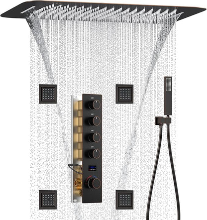 Oil Rubbed Bronze Digital Display Shower System with 16X24 inch Ceiling Overhead Shower Head(Rain & Waterfall Modes), 4 PCS Body Jet and Handheld Spray