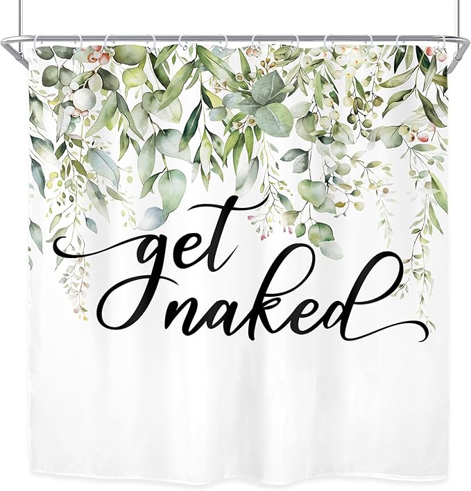 Riyidecor Sage Green Eucalyptus Leaves Shower Curtain for Bathroom Decor 72Wx72H Get Naked Bible Verse Spring Watercolor Floral Botanical Art Printed Fabric Polyester Waterproof 12 Pack Metal Hooks
