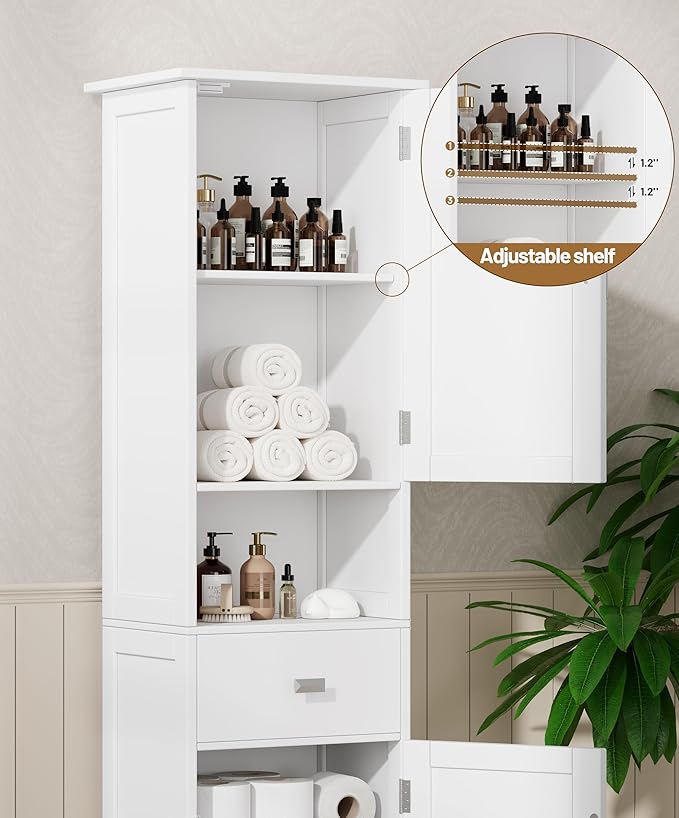 Akxoml Tall Bathroom Storage Cabinet with 2 Doors, 67" H Narrow Floor Cabinet with Adjustable Shelves and Drawer, Anti-Tip Design, 11.8 x 12.6 x 66.9 Inches, for Bathroom, Kitchen，Entryway, White