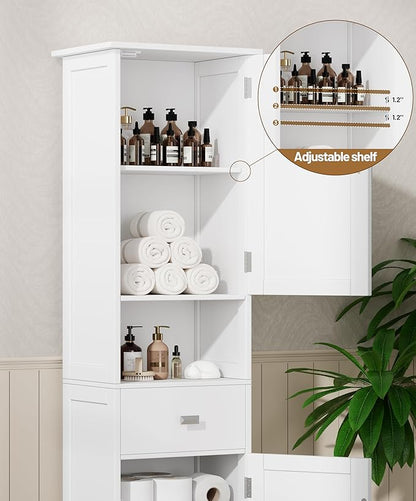 Akxoml Tall Bathroom Storage Cabinet with 2 Doors, 67" H Narrow Floor Cabinet with Adjustable Shelves and Drawer, Anti-Tip Design, 11.8 x 12.6 x 66.9 Inches, for Bathroom, Kitchen，Entryway, White