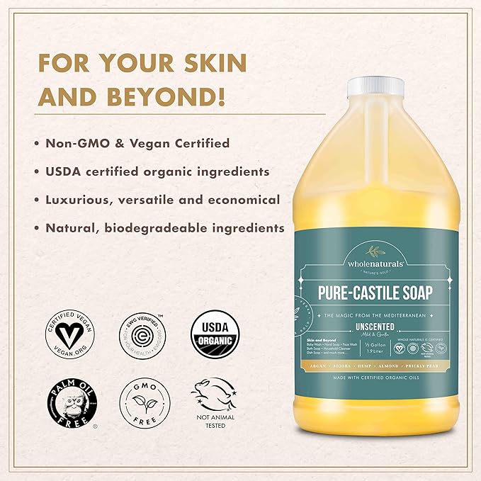 WHOLENATURALS Pure Castile Soap Liquid, EWG Verified & Certified Palm Oil Free Unscented, Natural, Mild & Gentle Non-gmo & Vegan - Organic Body Wash, Laundry, Pet/Dog and Baby Soap -Pack of 2 w/pump