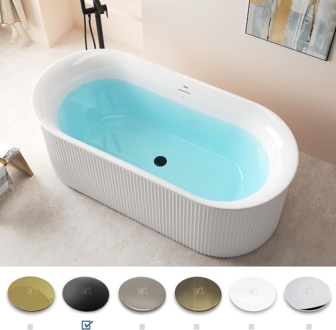 FerdY Nami 67" Acrylic Freestanding Bathtub, V Shape Freestanding Soaking Acrylic Bathtub, Modern White, cUPC Certified, Matte Black Pop-Up Drain