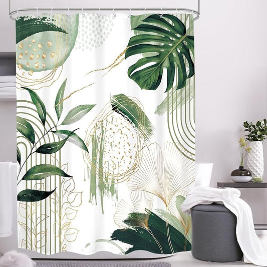 Sage Green Boho Shower Curtain 54Wx78H Small Stall Modern Abstract Mid Century Bohemian Tropical Palm Leaves Geometric Plant Bathroom Decor Botanical Bath Curtain Fabric Polyester 12 Pack Hooks
