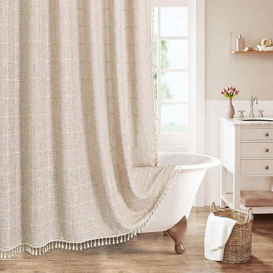 MitoVilla Grey Boho Extra Long Shower Curtain 72 x 84, Modern Farmhouse 84 inch XL Rustic Polyester Linen Tassel Heavy Duty Shower Curtain Set with Hooks for Cottagecore Country Bathroom Decor