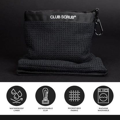 Club Scrub Towel Pro, Golf Club and Ball Cleaning Pouch with Attached Towel, Waterproof Exterior, Clean Face Technology Liner, Machine Washable, Cleans Club Grooves, Waffle-Weave Microfiber