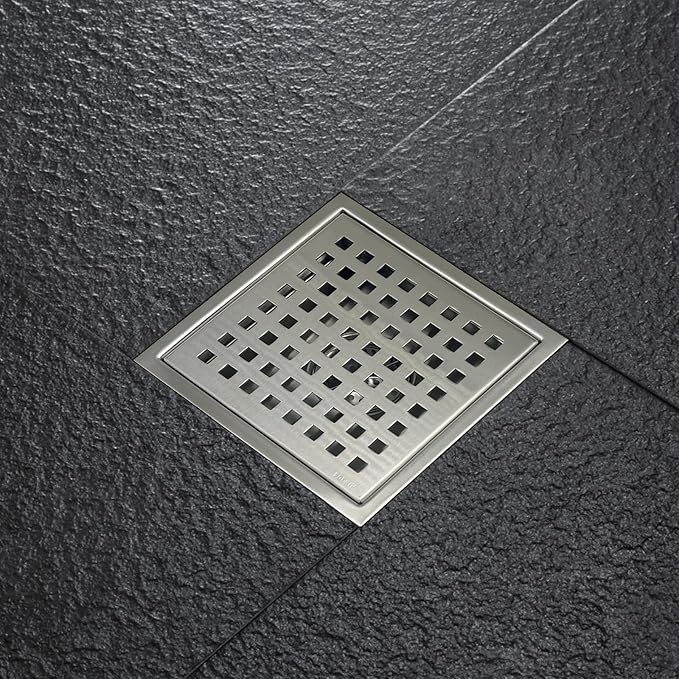 6 Inch Square Shower Drain with Flange, Removeable Grate SUS 304 Stainless Steel Shower Drain with Hair Catcher (Brushed Nickel, 6 Inch)