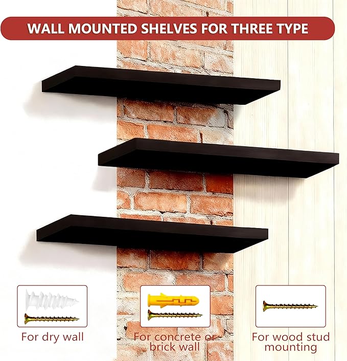 ROGMARS Black Floating Shelves for Wall,36 inch Rustic Wooden Floating Wall Mounted Book Shelves with Invisible Brackets for Living Room, Bedroom, Kitchen, Bathroom,Set of 3