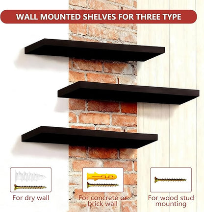 ROGMARS Black Floating Shelves for Wall,36 inch Rustic Wooden Floating Wall Mounted Book Shelves with Invisible Brackets for Living Room, Bedroom, Kitchen, Bathroom,Set of 3