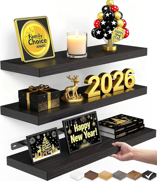 BAYKA Floating Shelves for Wall, Wall Mounted Rustic Wood Shelves for Bathroom, Bedroom, Living Room, Kitchen, Hanging Shelf for Books/Storage/Room Decor with 22lbs Capacity (Black, Set of 3, 15.7in)