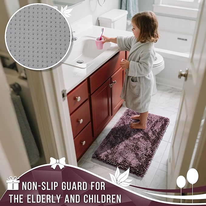 Yimobra Chenille Bathroom Rugs Non Slip, Extra Thick Soft Absorbent Bath Rug, Machine Washable Quick Dry Bath Mat for Bathroom Floor, Tub and Shower, Home Decor Accessories, 24x17, Purple Grey