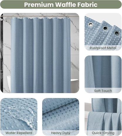 Inhousolu Fabric Shower Curtain Waffle Weave, Fog Blue 230 GSM Heavy Duty, Weighted Hem, 14 Metal Hooks, Water Repellent, Machine Washable, Hotel Spa Luxury Bath Curtain Set, 72 x 96 Inch