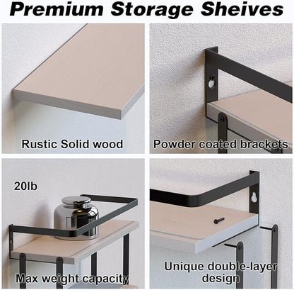 RICHER HOUSE 2+1 Tier Wall Mounted Floating Shelves Set of 2, Rustic Wood Wall Shelf with Metal Frame, Extra Storage Rack for Bathroom, Kitchen, Bedroom with Tissue Rack & Towel Bar - White