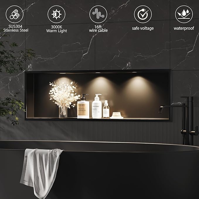 Neodrain Wall Niche with Non-dim LED Downlight - Matte Black Stainless Niche No Tile Needed 36x12 inch Shower Storage Niche