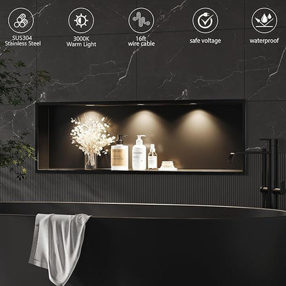 Neodrain Wall Niche with Non-dim LED Downlight - Matte Black Stainless Niche No Tile Needed 36x12 inch Shower Storage Niche