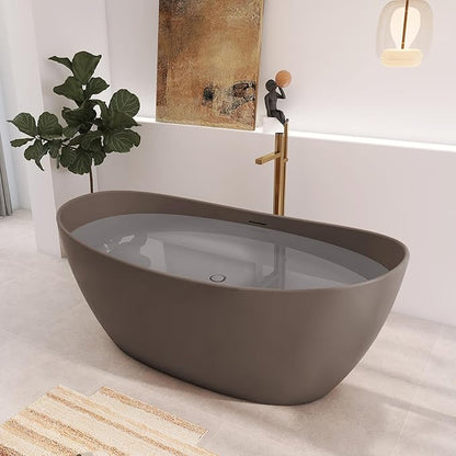 65" Premium Solid Surface Freestanding Bathtub, Contemporary Design Stand Alone Stone Resin Tub with Overflow and Pop-up Drain, Grey Coffee