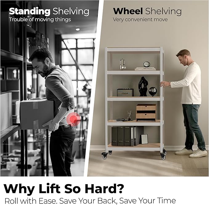 HOMEDANT House 5-Tier Metal Rolling Cart Shelf Rack Casters Heavy Duty Laminated Wheel Shelving Unit Adjustable Utility Storage Shelves Organizer Shelf Kitchen Garage (1, (S) 24.4" W, White)