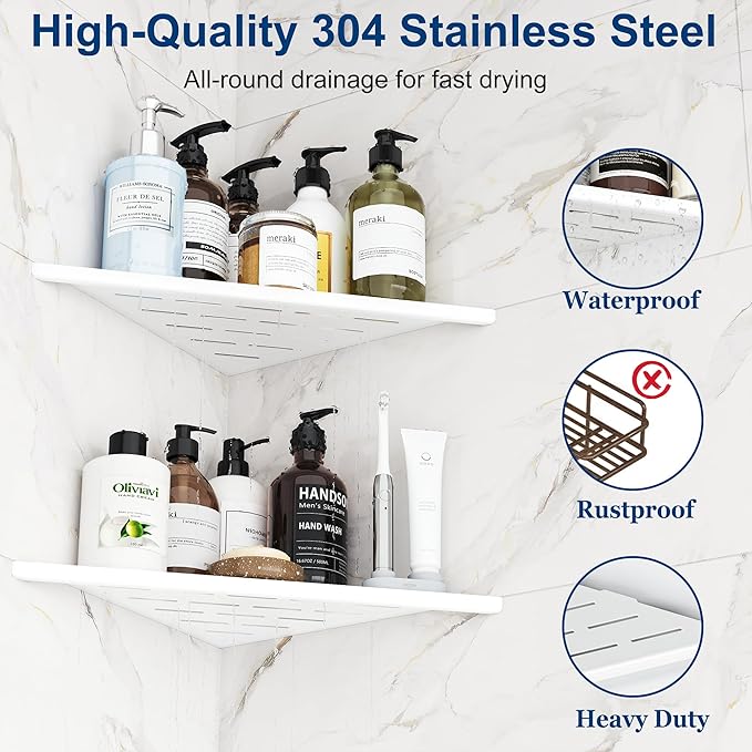 Corner Shower Shelves, 12” Recessed Tile Shower Shelf, 304 Stainless Steel Grout in Corner Tile Shower Shelves, No Drilling, Matte White, 2 Pack