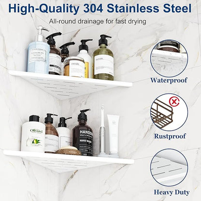 Corner Shower Shelves, 12” Recessed Tile Shower Shelf, 304 Stainless Steel Grout in Corner Tile Shower Shelves, No Drilling, Matte White, 2 Pack