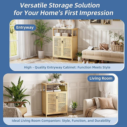 HITNET Bathroom Cabinet Freestanding, Bamboo Storage Cabinet 4-Tier Floor Cupboard with Door and Shelf for Bathroom, Kitchen, Hallway, Natural