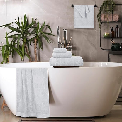 Ultra Soft 6 Pack Cotton Towel Set, Contains 2 Bath Towels 28x55 inch, 2 Hand Towels 16x24 inch & 2 Wash Coths 12x12 inch, Ideal Everyday use, Compact & Lightweight - Light Grey
