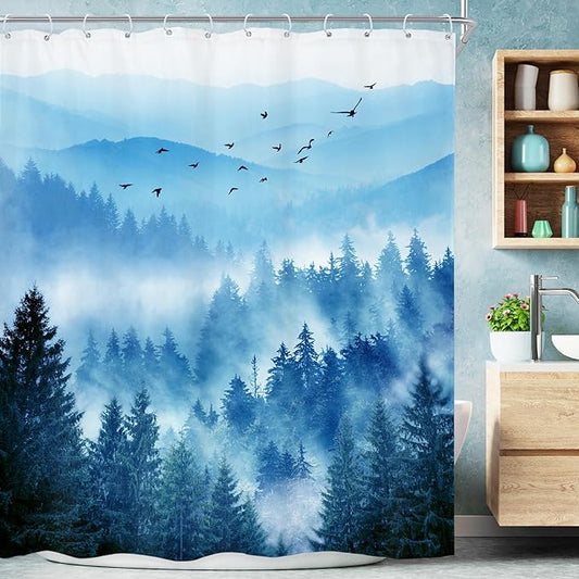 Riyidecor Extra Long Blue Shower Curtain 72Wx78H Inch Foggy Misty Nature Mountain Scene Navy Park View Pine Tree Alpine Natural Botanical Bathroom Decor Fabric Polyester Waterproof 12 Pack Hooks