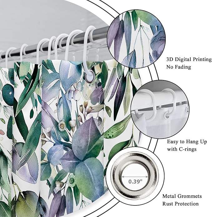 Riyidecor Teal Shower Curtain for Bathroom Decor 72Wx72H Eucalyptus Leaves Plants Navy Watercolor Floral Rustic Botanical Spring Nature Art Printed Fabric Polyester Waterproof 12 Pack Plastic
