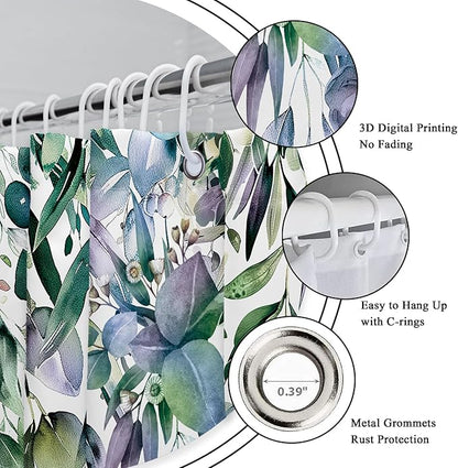 Riyidecor Teal Shower Curtain for Bathroom Decor 72Wx72H Eucalyptus Leaves Plants Navy Watercolor Floral Rustic Botanical Spring Nature Art Printed Fabric Polyester Waterproof 12 Pack Plastic