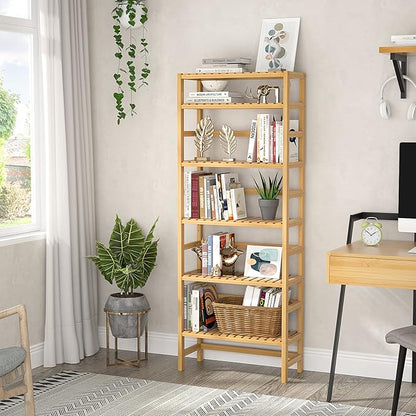 Homykic 6-Tier Bamboo Bookshelves and Bookcases, Adjustable 63.4”Tall Shallow Book Shelf Organizer Rack, Freestanding Storage Shelving Unit for Living Room, Kitchen, Bathroom, Office, Natural