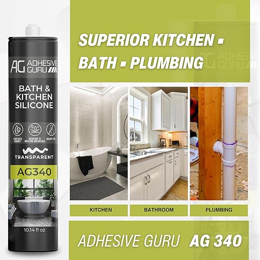 Adhesive Guru AG340 Clear Silicone Sealant (12x10.14 fl oz), 100% Silicone Caulk, Weatherproof & Flexible Adhesive Sealant for Bath and Kitchen, 12 Pack