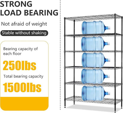 BestOffice | 6-Tier Wire Storage Shelves | 42x16x72 | Black | with Adjustable Racks | Heavy-Duty Metal Shelf, Holds Upto 1500 lbs | No-Tool Assembly | Ideal for Home & Garage Shelving