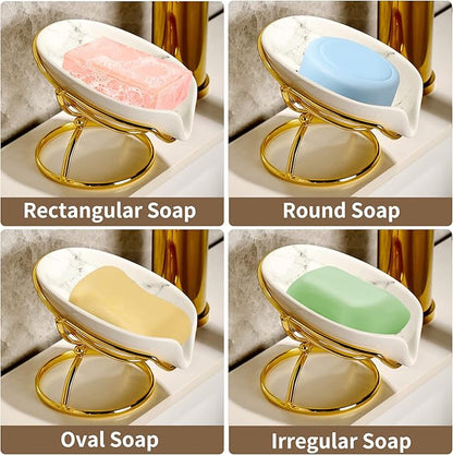 Leaf-Shaped Soap Dish – Ceramic Soap Bar Holder with Self-Drainage System – Bar Soap Holder for Shower, Bathroom Sink, Kitchen – Soap Dish with Stainless Steel Stand (White-Gold-2 Pack)