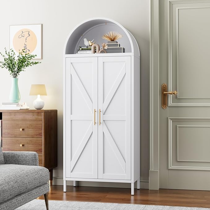 Kitchen Pantry Cabinet, 67in Tall Arched Storage Cabinet with Doors and Shelves, White Freestanding Cupboard for Laundry, Dining Room, Living Room, Bathroom