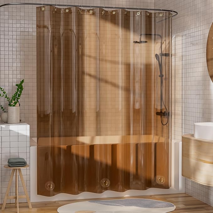AmazerBath Extra Long Shower Curtain Liner, 100% EVA Clear Amber Heavy Duty 84 inch Shower Curtain and Liner 2-in-1, 72x84 Plastic Weighted Bathroom Shower Liner, 12 Grommets & 3 Heavyweight Stones
