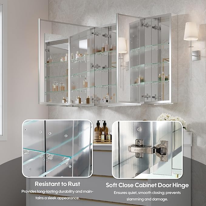 WELLFOR 44" x 30" Rectangle Medicine Cabinet Mirror, Surface Mount or Recessed Medicine Cabinet with Tempered Mirror, Anodized Chrome Aluminum Frame, Bathroom Mirror with Storage