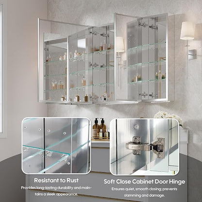 WELLFOR 44" x 30" Rectangle Medicine Cabinet Mirror, Surface Mount or Recessed Medicine Cabinet with Tempered Mirror, Anodized Chrome Aluminum Frame, Bathroom Mirror with Storage