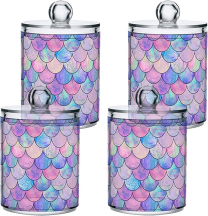 MNSRUU 2 Pack Qtip Holder Organizer Dispenser Colorful Mermaid Scales Bathroom Storage Canister Cotton Ball Holder Bathroom Containers for Cotton Swabs/Pads/Floss