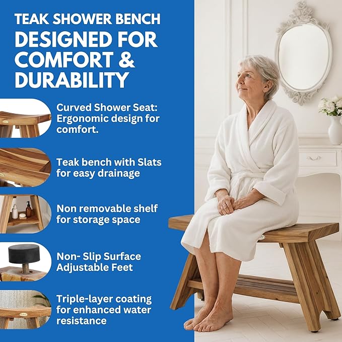 EcoDecors 35 Inch Serenity Teak Shower Bench – Waterproof Bathroom Seat with Large Storage Shelf For Adults & Seniors | Spa-Style Teak Wood Stool with Non-Slip Feet, Elegant Finish, 300 Pound Capacity
