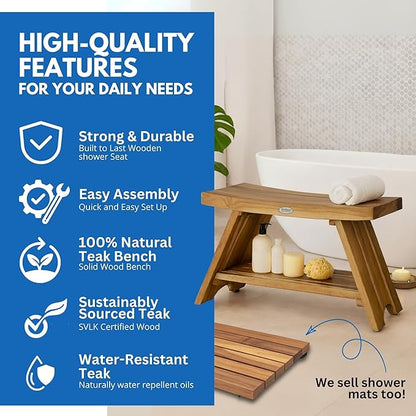 EcoDecors 35 Inch Serenity Teak Shower Bench – Waterproof Bathroom Seat with Large Storage Shelf For Adults & Seniors | Spa-Style Teak Wood Stool with Non-Slip Feet, Elegant Finish, 300 Pound Capacity