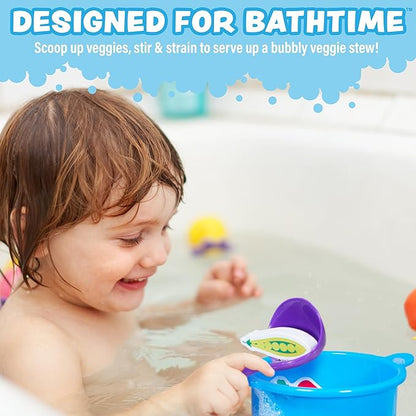 Tub Works® Tub Soup™ Scoop, Strain & Play Toddler Bath Toy | Floating Foam Veggies, Ladle for Scooping & Soup Pot for Straining | Pretend Play Cooking Kids Bath Toys | Creative Bathtub Toys