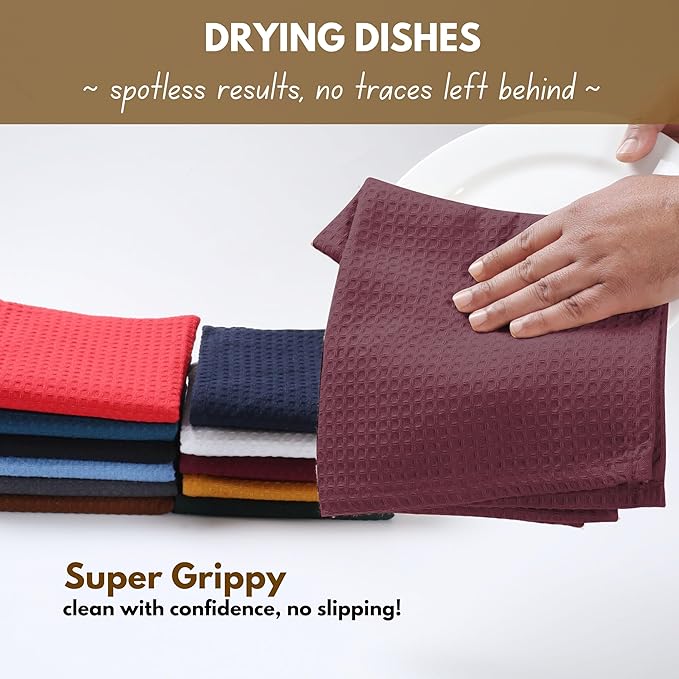 Native Fab Cotton Kitchen Towel with Hanging Loop 16x26 inches, 6-Pack, Waffle Weave Kitchen Towels for Cleaning Drying, Washcloths Soft & Absorbent Cloth Rags, Bar Towel, Dish Cloth, Burgundy Wine