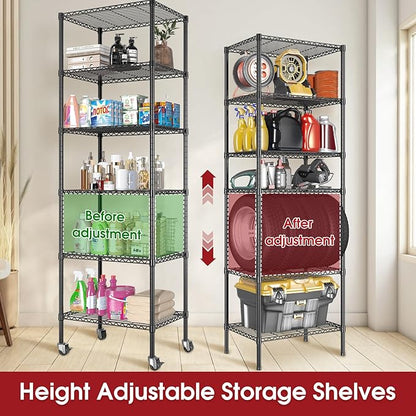 2 PACK 750 lbs Capacity Heavy Duty Garage Wire Rack Shelving, Adjustable 6-Shelf Metal Shelving with Wheels, 14"D x 24"W x 71"H Space-Saving Rolling Storage Shelves for Closet, Kitchen & Garage, Black